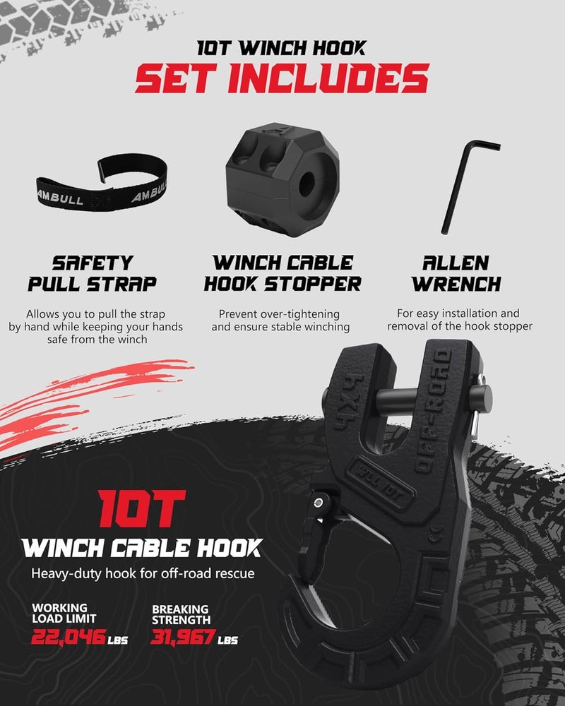 AMBULL 3/8" Tow Winch Hook with Cable Stopper, 10T Winch Hook, Upgrade Heavy Duty Forged Steel Winch Hook, 31967lbs Max Strength, Clevis Clip Hook Set for Synthetic Rope, Off-Road Vehicle, Black - Image 3